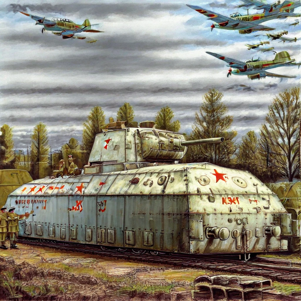 military uniform, uniform, tank, cloud, soviet, tree, weapon, aircraft, traditional media, military