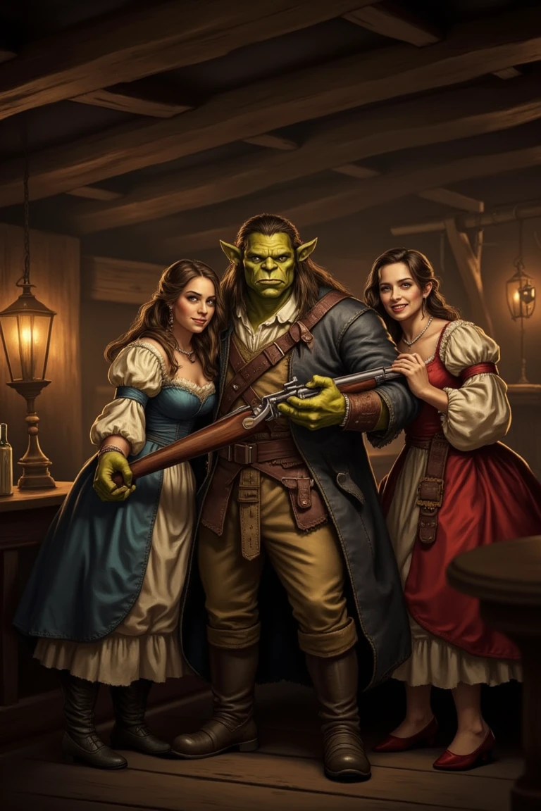 An orc as a Québec secessionist, holding a musket and wearing typical 1700s attire, stands in a tavern with two beautiful girls at his side, holding him. The shot is framed to capture the rustic, warm lighting of the tavern, with wooden beams and flickering candlelight. The orc’s muscular build and determined expression are highlighted, while the girls’ playful and admiring gazes add a touch of charm. The composition emphasizes the historical setting, with period-appropriate decor and costumes, creating a vivid scene of camaraderie and tension.