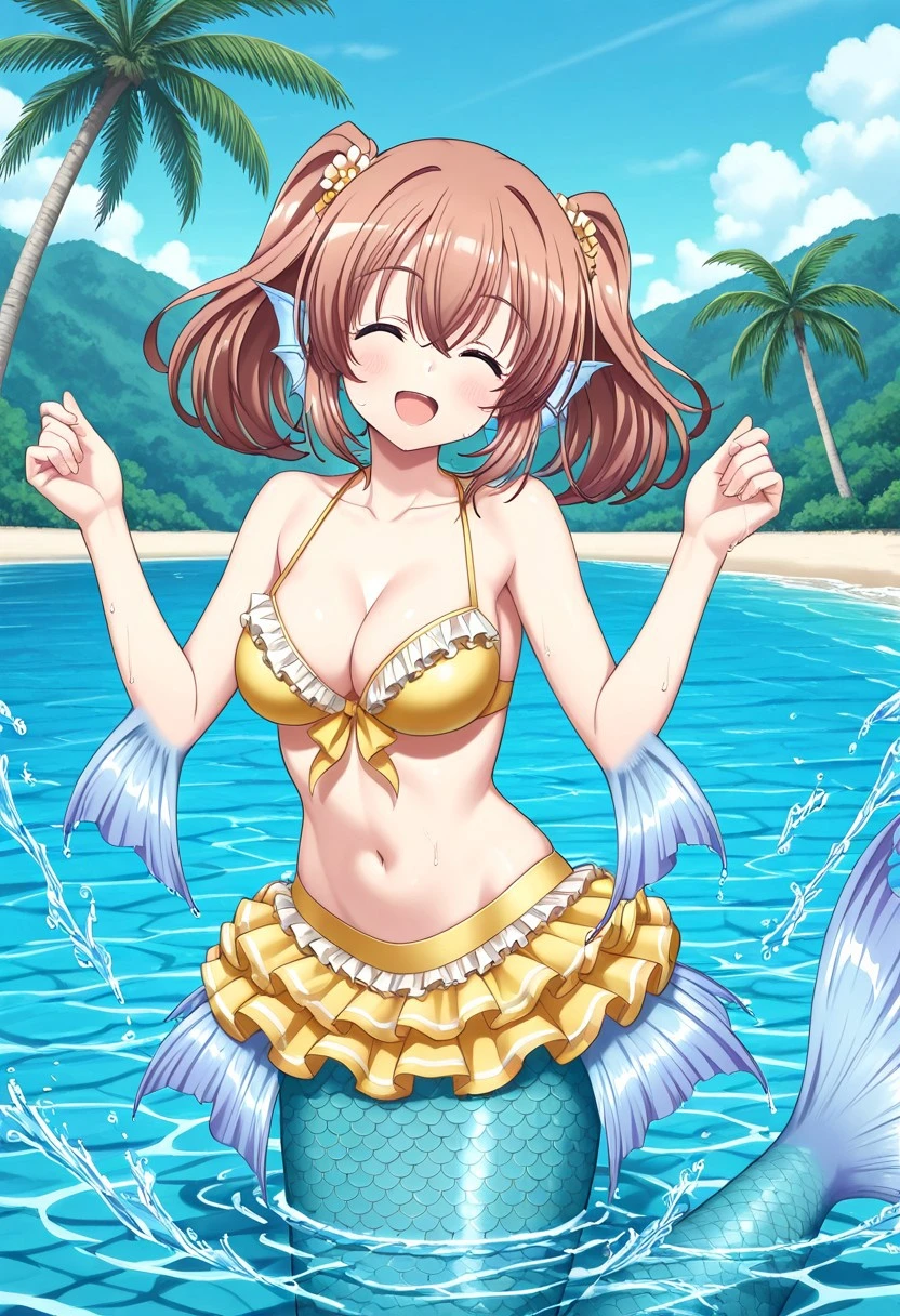 girl, alone, short hair, Bronze colored hair, thin, Misaka sister,Yellow ultra-high leg one-piece swimsuit , Beach、play、Fascinating、smile、