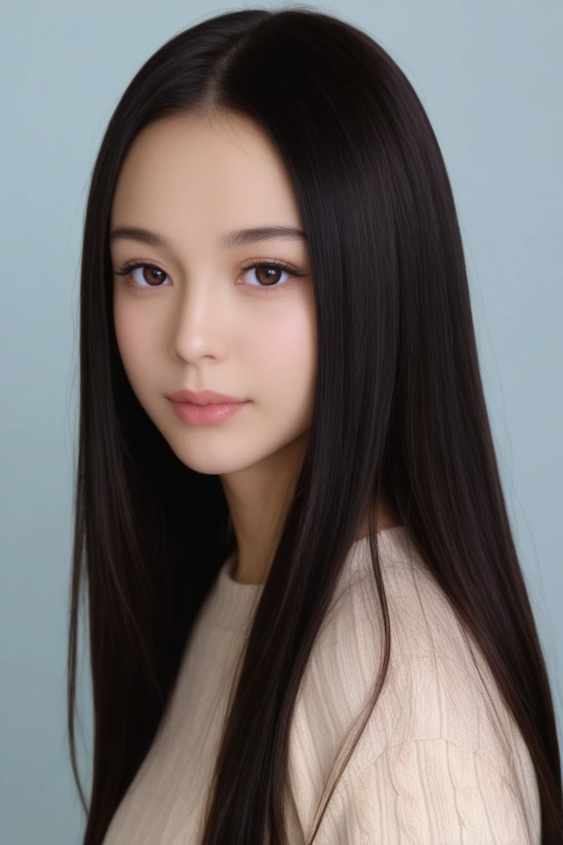 20 years old, 8k, hd, beautiful girl, 1girl, solo, black hair, long hair, straight hair,
1girl, detailed face, beautiful woman's face, sweater, simple background, looking at viewer,, realistic,