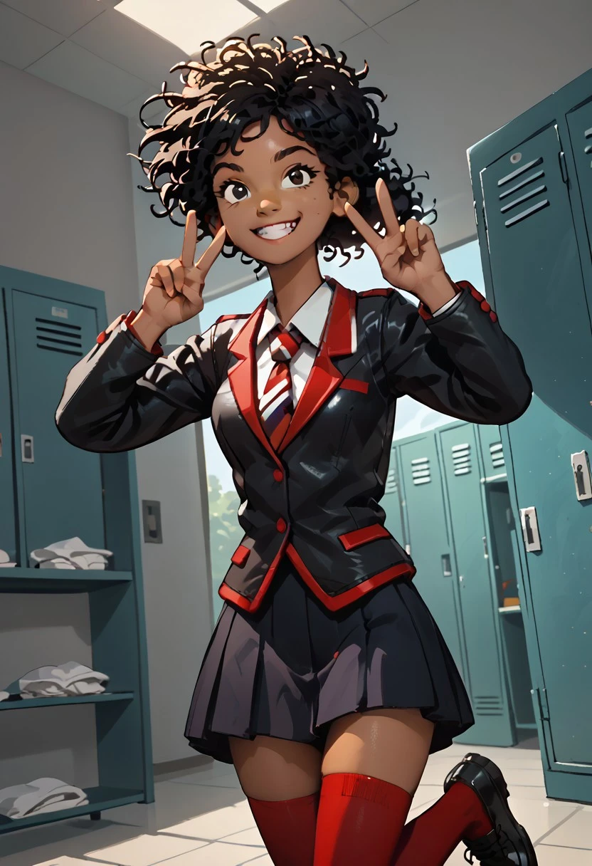 source_anime, anime_screencap, anime_coloring, score_9, score_9_up, score_8, score_8_up, score_7, score_7_up, score_6, score_6_up, highres, Rating_Safe,
G1, 1girl, very dark skin, dark-skinned female, dot eyes, black hair, afro, messy hair, hair bun, ponytail
school uniform, jacket, necktie, skirt, socks, thighhighs, black shoes
smiling, grin, teeth, v, victory pose, locker room, indoors, grey walls, crowds, cowboy shot, dutch angle, solo