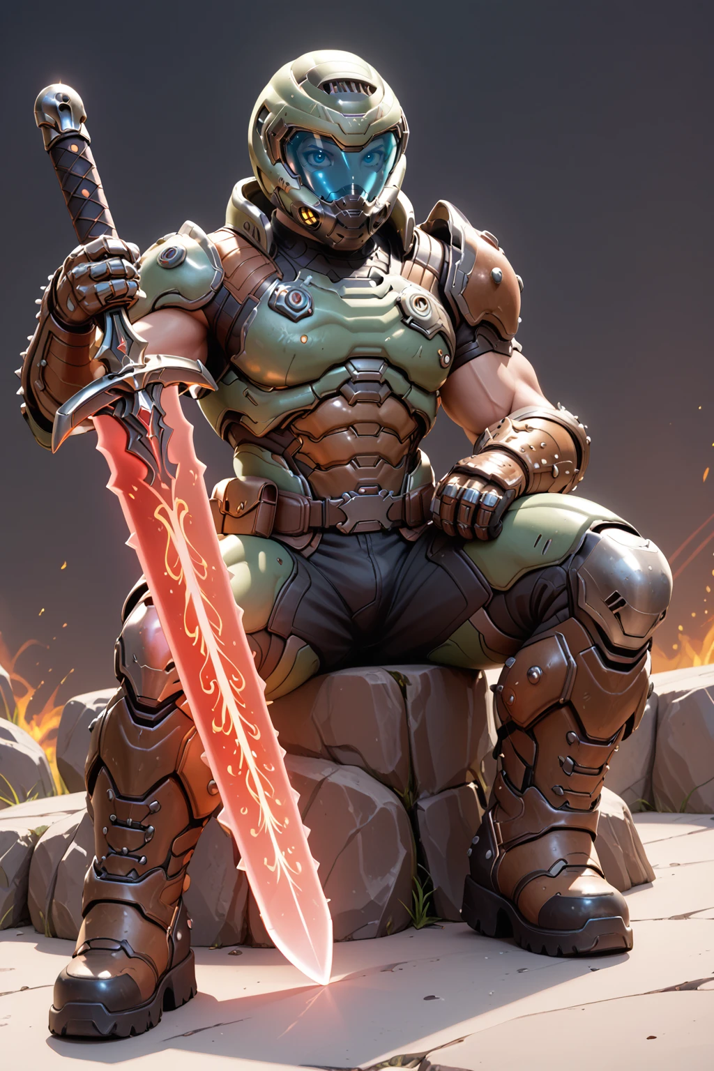 score_9, score_8_up, score_7_up, masterpiece, high quality, extreme detail, absurdres, (detailed skin texture) BREAK, 3d
<lora:Dc HuntressPonyLoRA:1>doomguy, 1boy, helmet, shoulder armor, breastplate, gauntlets, belt, pouch, boots, holding glowing sword, huge sword, arm blade, dark, sitting, visor, muscular, black background