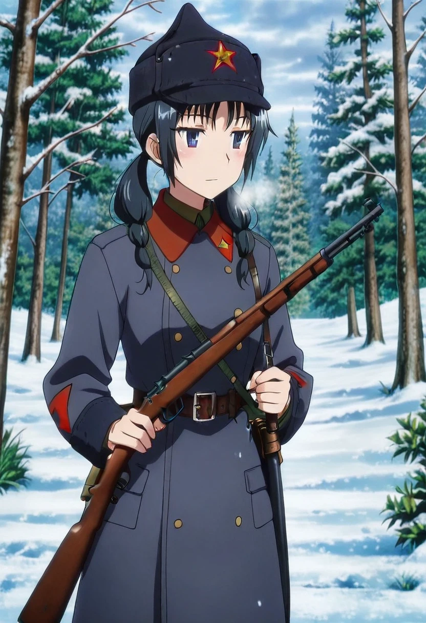 masterpiece, best quality, absurdres, detailed skin, detailed face, detailed eyes, anime colored, anime screencap, anime colored,
<lora:Uomi_Chihiro:1>, uomi, 1girl, solo,
<lora:Soviet_Red_Army-1918:0.8>, red army uniform, coat, cowboy shot, hat, belt, sheath, soviet, holding rifle, mosin-nagant,
outdoors, plain, tree, snow, winter,