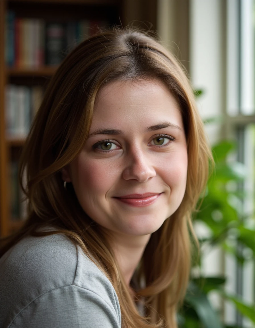 A close-up portrait of J3NN4 sitting by her window, with soft natural light gently illuminating her face and creating subtle shadows. She has a relaxed, genuine smile, and her slightly tousled hair adds to her natural charm. She is dressed in casual clothes. The background reveals a cozy room with bookshelves and lush green plants, enhancing the warmth and comfort of the scene.