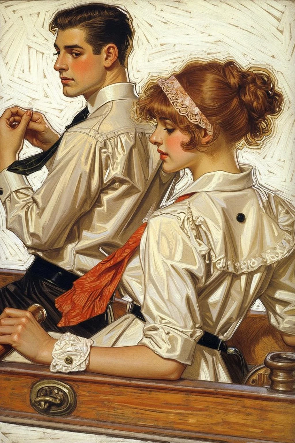 jcleyen1 painting.
A young man and a young woman in a boat in the 1920s. We see the back view of the woman, who is turning her head looking sideway. <lora:jcleyen1_cap_d6a3e11:1.0><lora:824041698528131028:0>