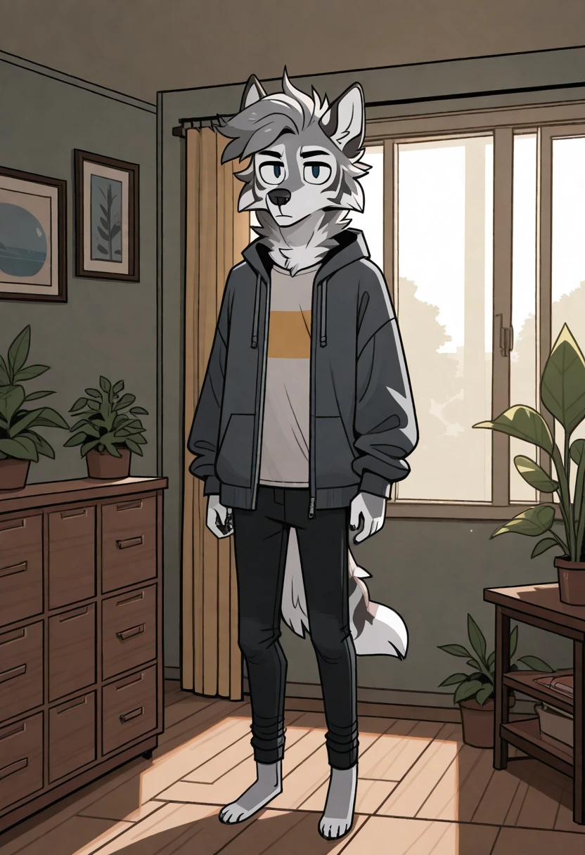 best quality, amazing quality, very aesthetic, absurdres, newest, by cocadope, BREAK
furry, solo, 1boy, wolf|tiger hybrid, grey fur, stripes, fluffy tail, shirt, pants, open jacket, full body, detailed background, room, plants, <lora:Cocadope_style_Illustrious:1>