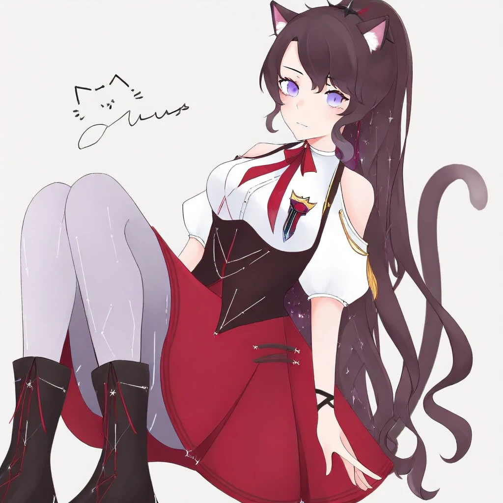 Nervous girl with black hair half cow with blue eyes with not so light skin wearing a red beret wearing a red and white dress with white gloves wearing black boots and a pink bow on her cow tail