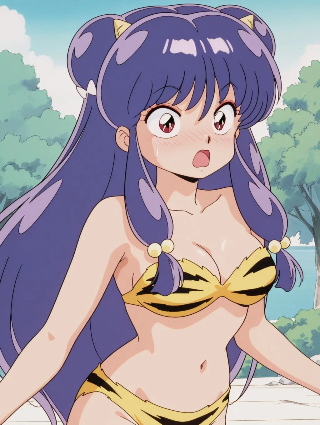 (masterpiece, 4K, Highest quality, anime style: 1.9, Detailed face, Lovely, Bold Line, High resolution, anime,Ocean,bold,Lake 4,alone, Curvaceous, Thighs, Small breasts,Cleavage, Center of chest, smile,(Please open your mouth wide),Very slim belly, Cowboy Shot, Leopard print bikini,1 girl,blush,Naked in a swimsuit,Ranma 1/2,