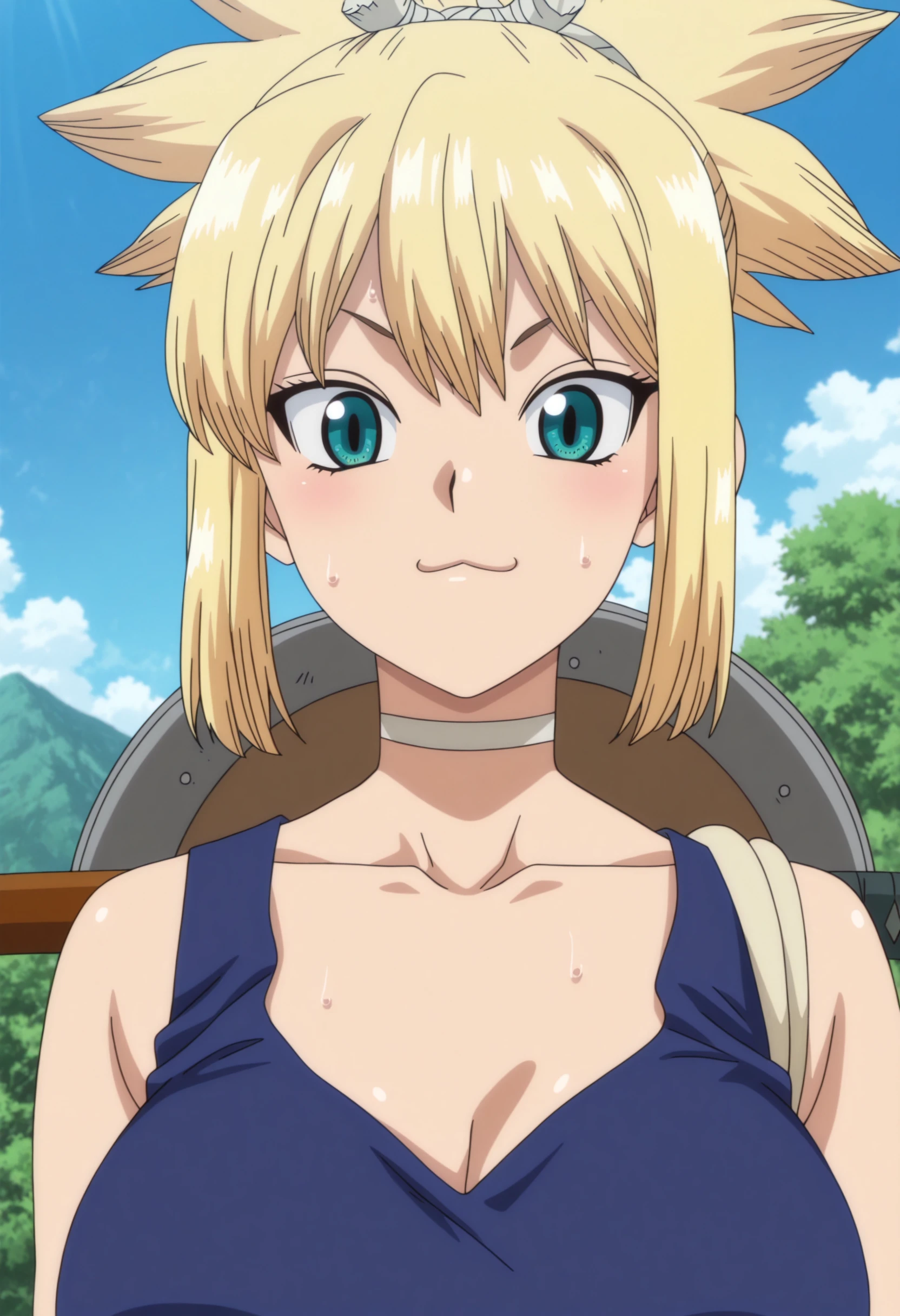 source anime,anime screencap,anime coloring,intricate details,fake screenshot,masterpiece, best quality, very aesthetic, dramatic lighting, illustration,
uncensored,
BREAK,
mature female,
kohaku, kohaku \(dr. stone\), 1girl, blonde hair, aqua eyes, choker, quad tails, ponytail,hair ornament, large breasts,
weapon on back, shield,blue dress,sandals,
perfect face, beautiful eyes, beautiful face,perfect anatomy,
sweat, toned,
standing, upper body, portrait, :3,slit pupils,looking at viewer,
BREAK,
scenery, Detailed Background,outdoors, blue sky,
<lora:Kohaku_by_Nyx_for_Illu:0.8>, <lora:saimin_seishidou_by_Nyx_for_Illu:0.7>,