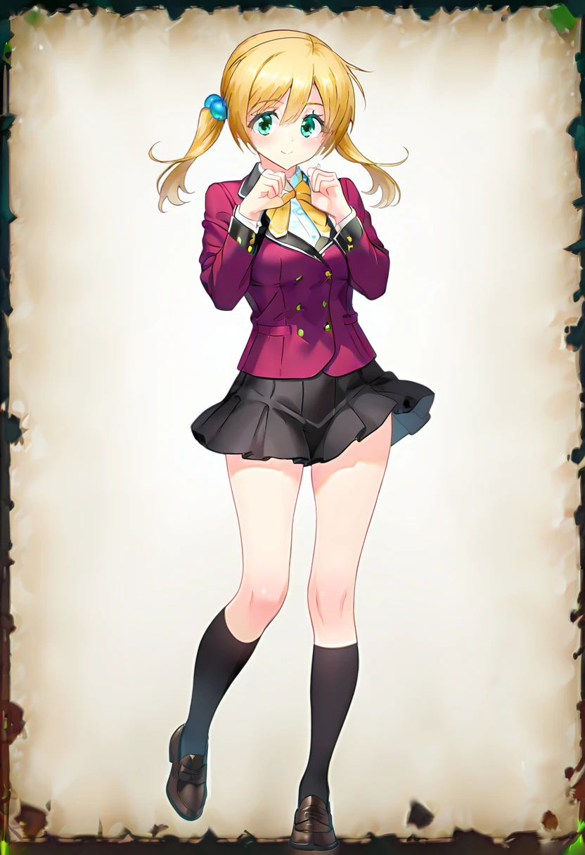 <lora:unicornOLIL:1><lora:kohinataIL:0.8>k0hinata,solo,twintails,green eyes,blonde hair,hair bobbles,school uniform,red blazer,black skirt,tachi-e,full body,cute pose,smile,very awa,masterpiece,best quality,amazing quality,very aesthetic,absurdres,newest,