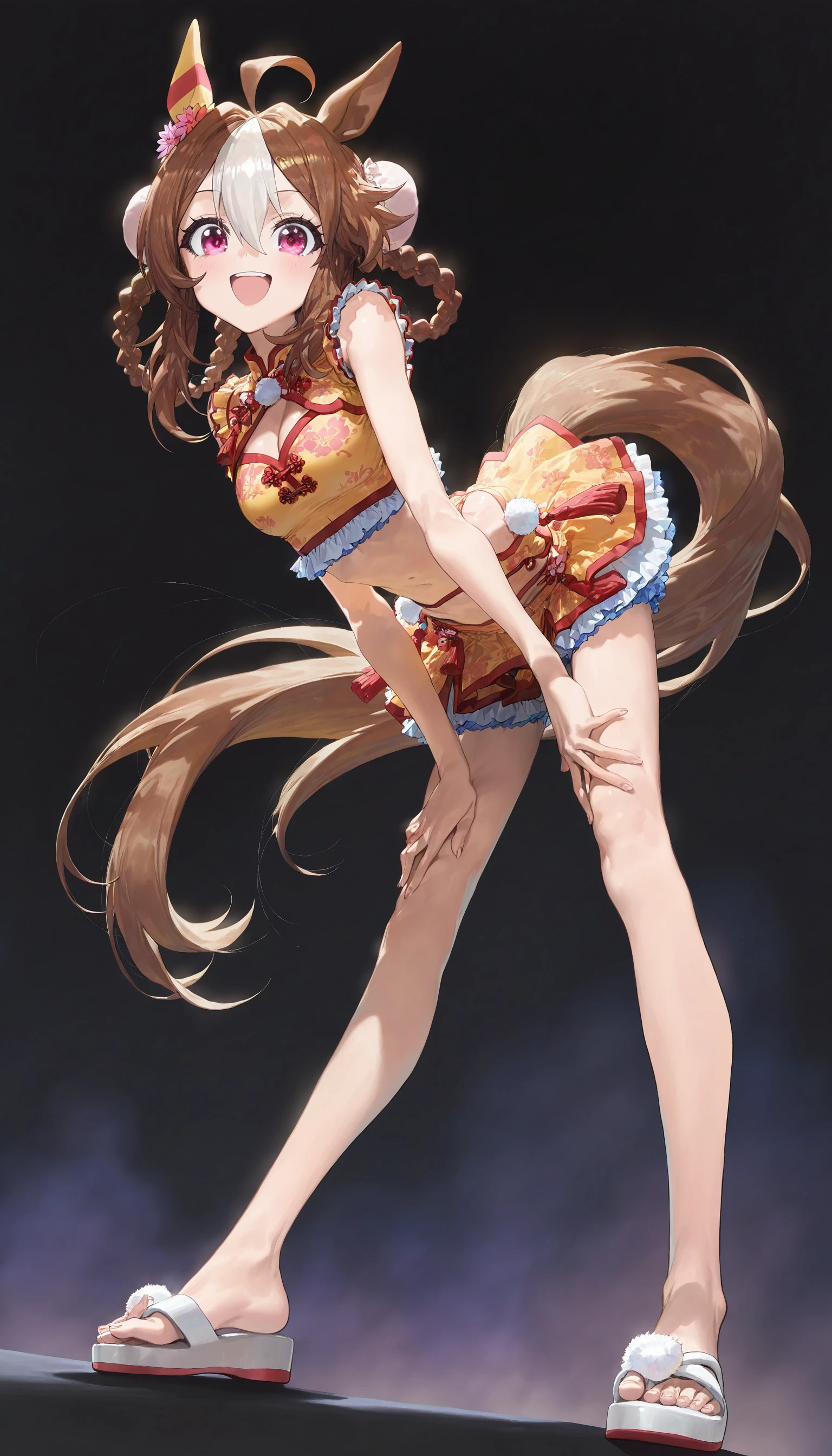 masterpiece, best quality, detailed, highly detailed, ultra detailed, extremely detailed CG, high resolution, 4K, copano rickey \(umamusume\), bare shoulder, off-shoulder, blue gloves, bead bracelet, fingerless gloves, detached sleeves, wide sleeves, red ribbon, neck ribbon, cleavage, yellow dress, frilled dress, yellow footwear, white footwear, boots, mismatched footwear, asymmetrical footwear, smile, arm up, armpits,