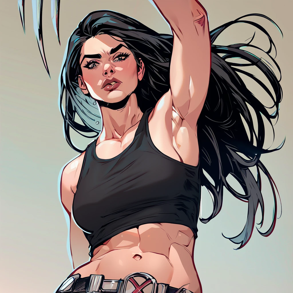 score_9,score_8, score_8_up,score_7, <lora:x23Pony:1>, x23wolv,1girl,black top, black hair,black crop top ,long hair, leggins, midriff, low angle, dual claws
