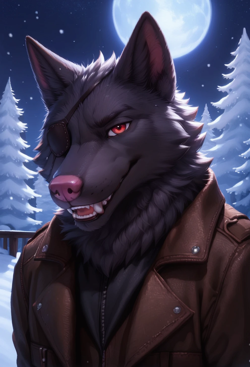 score_9, score_8_up, score_7_up, score_6_up, 1anthro, 1human, male, , furry, detailed fur, anthro, eyes, , perfect face, detailed eyes, perfect eyes, sexy, sexy boy, beautiful eyes, perfect cute face, face focus, low angle, close up, looking at viewer, face focus, outdoors, detailed lighting, detailed background,
smug expression, eye focus, smug, pleased, cocky, cocky expression, seductive pose, outdoors, dark, night, night time, spooky, full moon, snow, snowy mountains, mountains, posing, seductive pose, posing for viewer, seductive, upper body, portrait,
detailed eyes, perfect eyes, beautiful eyes, , bedroom eyes, detailed eyes, perfect eyes, beautiful eyes, , detailed fur, tail, eyes, realistic fur, , solo, 1 boy, young, (((handsome, detailed face and eyes))), solo, anthro, male, muscular, well built, toned, bara, Alon, wolf, black body, black fur, anthro, red eyes, furry male, eye patch, wearing black trench coat, brown leather belt, pink nose, pink pads, wolf tail, eye patch over right eye, black claws, jacket closed, right eye covered, <lora:Alon_E_Wolf_-_Shelter_VN:0.45>
interspecies, tail, uncensored,
<lora:princess_xl_v1:1> <lora:Expressive_H:0.65> <lora:g0th1cPXL:0.45> <lora:incase-ilff-v3-4:0.3>, canine mouth, sharp teeth, detailed teeth, detailed canine teeth,
<lora:CleanDetailed_Eyes:0.25> <lora:Better_caninefeline_mouth:0.3>