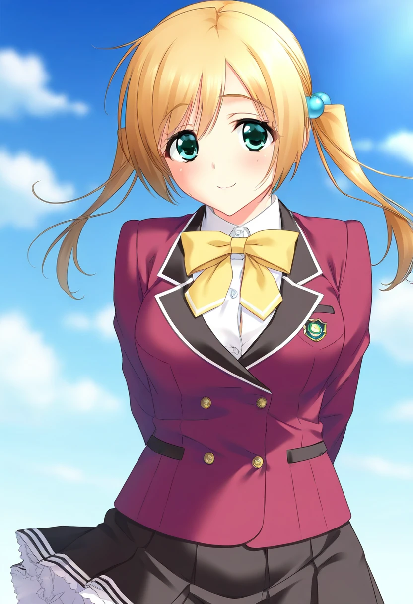<lora:kohinataIL:0.8>k0hinata,solo,twintails,green eyes,blonde hair,hair bobbles,school uniform,red blazer,black skirt,bow,blush, smile very awa, masterpiece, best quality, amazing quality, very aesthetic, absurdres, sensitive, newest <lora:spo_sdxl_10ep_4k-data_lora_webui:0.7>,