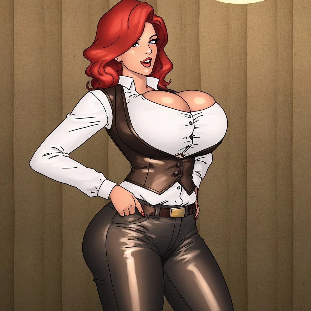 1 female, hourglass figure, shortstack, housewife, cleavage, Black turtleneck, small waist, thick thighs, orange hair, braided, hands on hips, tight jeans, masterpiece, slanty eyes, realistic lips, buck tooth, masterpiece, 4k.
