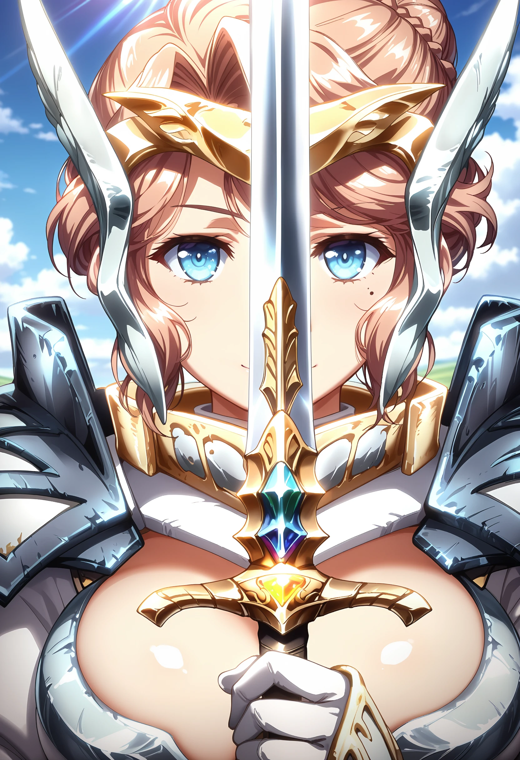 best quality, masterpiece, anime_screencap, hi res, best_quality, very aesthetic, absurdres, 8k, Kld1a, 1girl, solo, female focus,
mole under eye, hair bun,
glamorous, slender, voluptuous,
large breasts, cleavage,
smile, headgear, bikini armor, shoulder armor, long sleeves, gauntlets, crotch plate,
swordup, looking at viewer, close-up, holding sword, weapon, rainbow gem,
upper body, fantasy, beautiful lighting, ray traced, day, sunlight, beautiful sky, meadow