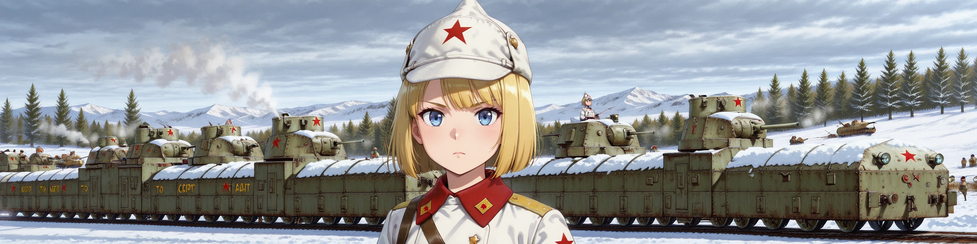 masterpiece, best quality, absurdres, detailed skin, detailed face, detailed eyes, anime colored, anime screencap, anime colored,
1 girl, bob cut, medium hair, up close, looking at viewer, serious, blonde hair, blue eyes, solo, upper body, to the side,
<lora:Soviet_Red_Army-1918:0.8>, red army uniform, white coat, white hat, soviet, female focus, sheath,
<lora:armored_train:0.6>, armored train, caterpillar tracks,
plain, snow, winter,