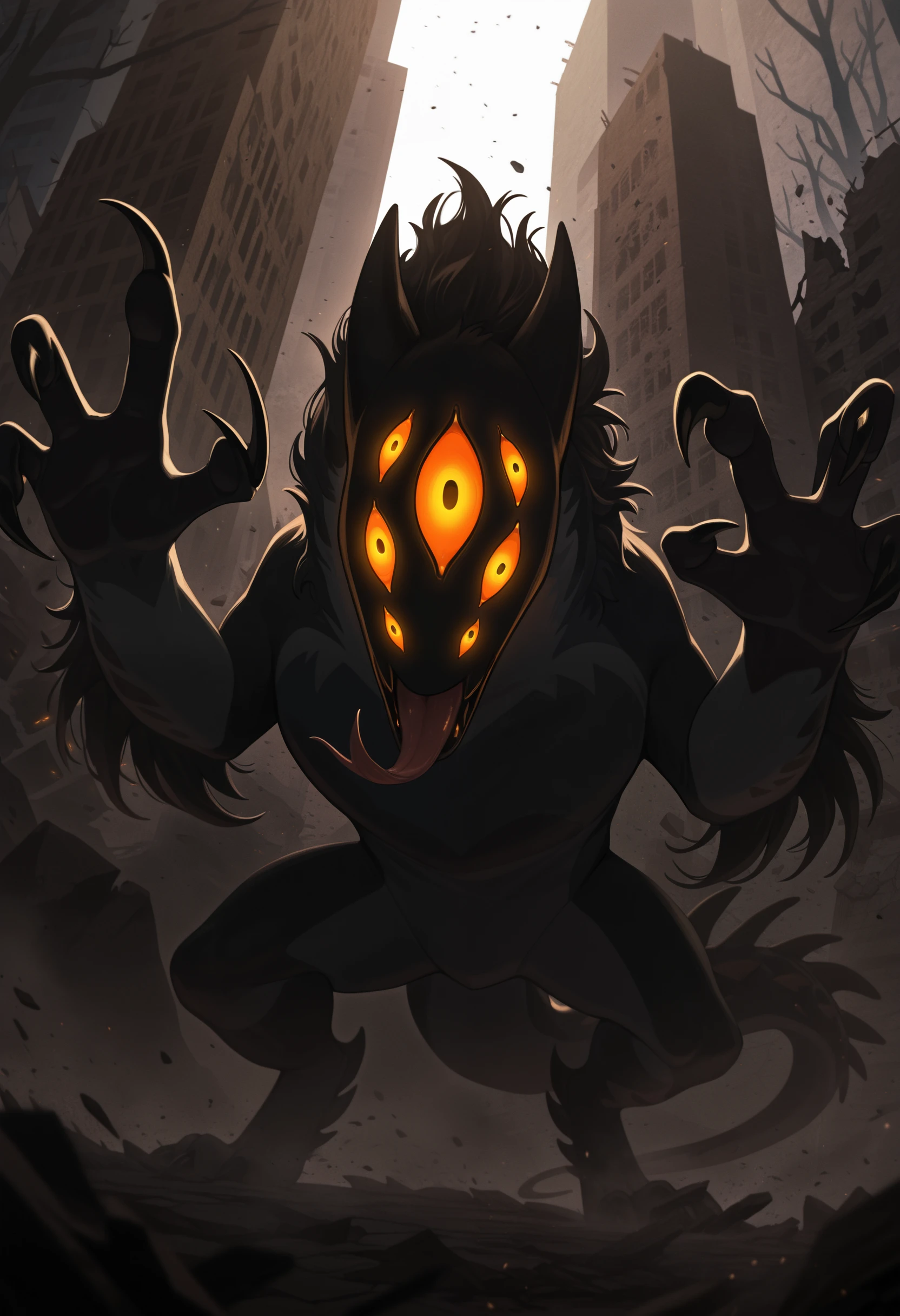 photorealism, photorealistic, chromatic aberration, depth of field, detailed background, eye reflections, reflections, detailed body, dutch angle, male, solo, 1boy, adult, male focus, tail, male focus, looking at viewer, j3rry_cos, extra eyes, (huge feral:1.15), no humans, solo, glowing eyes, (close up, radiation, ashes, dust, worried, wastelands, zombie apocalypse, infection, particles, broken cars, devastation, destruction, withered plants:1.05), paws up, long claws, high angle, (open mouth, tongue out:1.15), masterpiece, best quality, amazing quality, very aesthetic, absurdres, newest, (artist:syuro:0.8), (artist:nomax:0.5), (artist:honovy:0.6), (artist:kenket:0.6), (artist:taran fiddler:0.6), <lora:Jerry_Creatures_Of_Sonaria_Illustrious:1.0>,