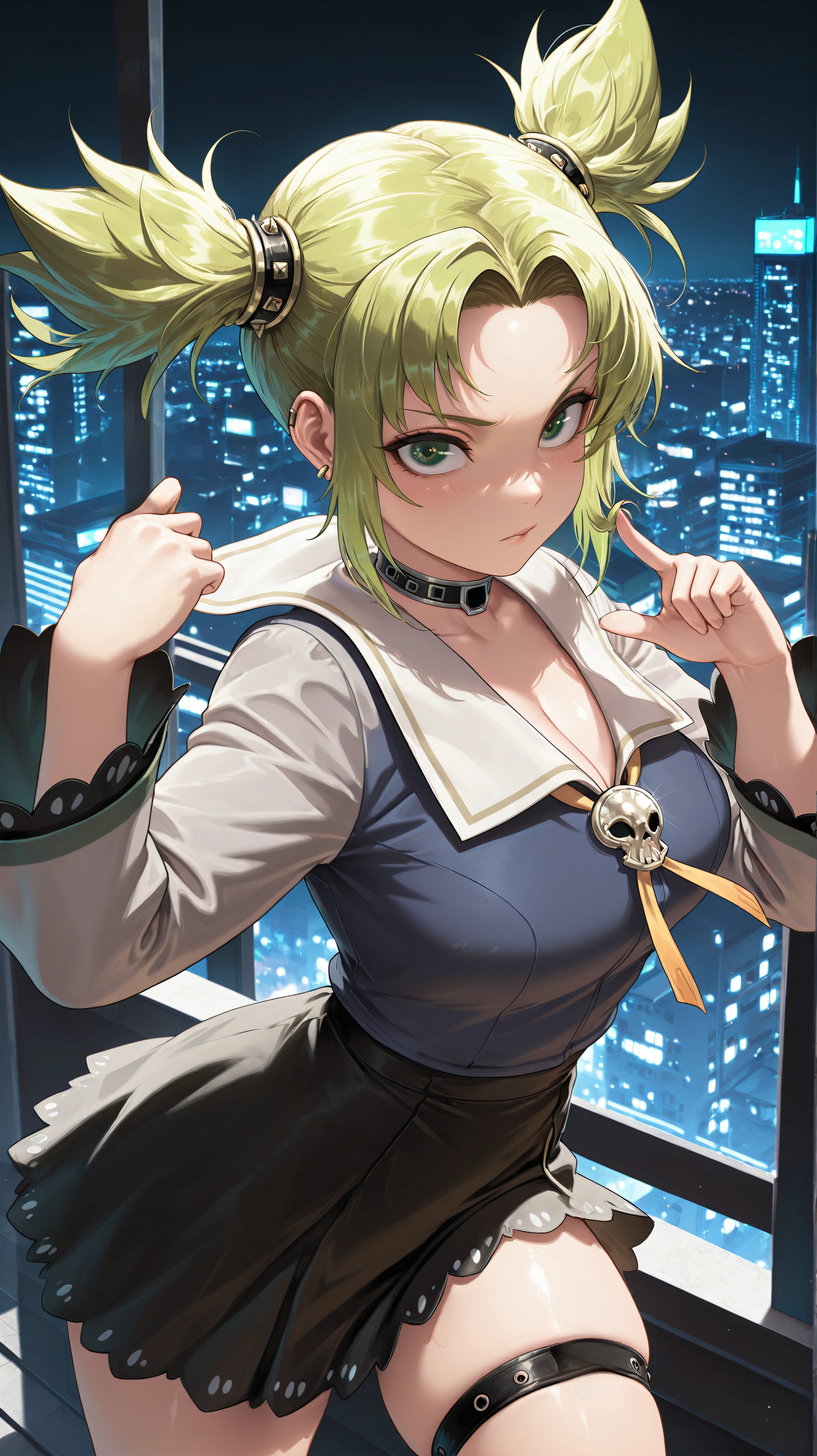 masterpiece, best quality, amazing quality, girl, dynamic pose, twirling pose, <lora:Droite - Illu:1>, vibrant green hair, twintails, parted hair, green eyes, choker, collar, hair rings, earrings, sailor collar, long sleeves, white sleeves, wide sleeves, blue shirt, black skirt, one thigh strap, skull brooch, night city, darkness, night time,