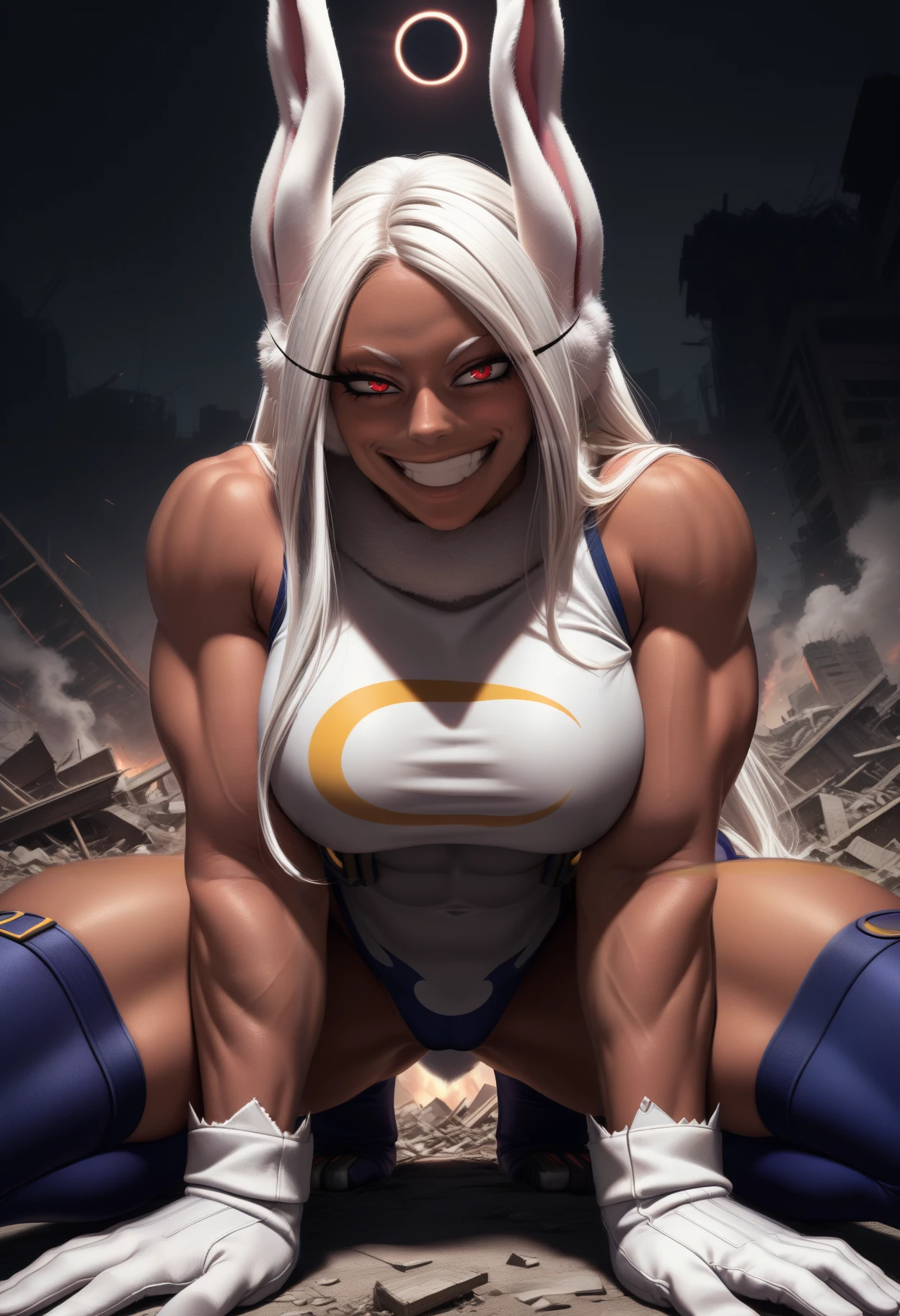masterpiece, best quality, newest, hdr, 1girl, solo, eclipse, destruction, ruins, smoke, rubble,
mirko, dark-skinned female, thick thighs, muscular, abs, rabbit girl, rabbit ears, rabbit tail, tail through clothes, white hair, long hair, parted bangs, long eyelashes, red eyes, white glove, white gloves, fur collar, white leotard, blue thighhighs,
looking at viewer, smug, evil grin, crawling, hands on ground,