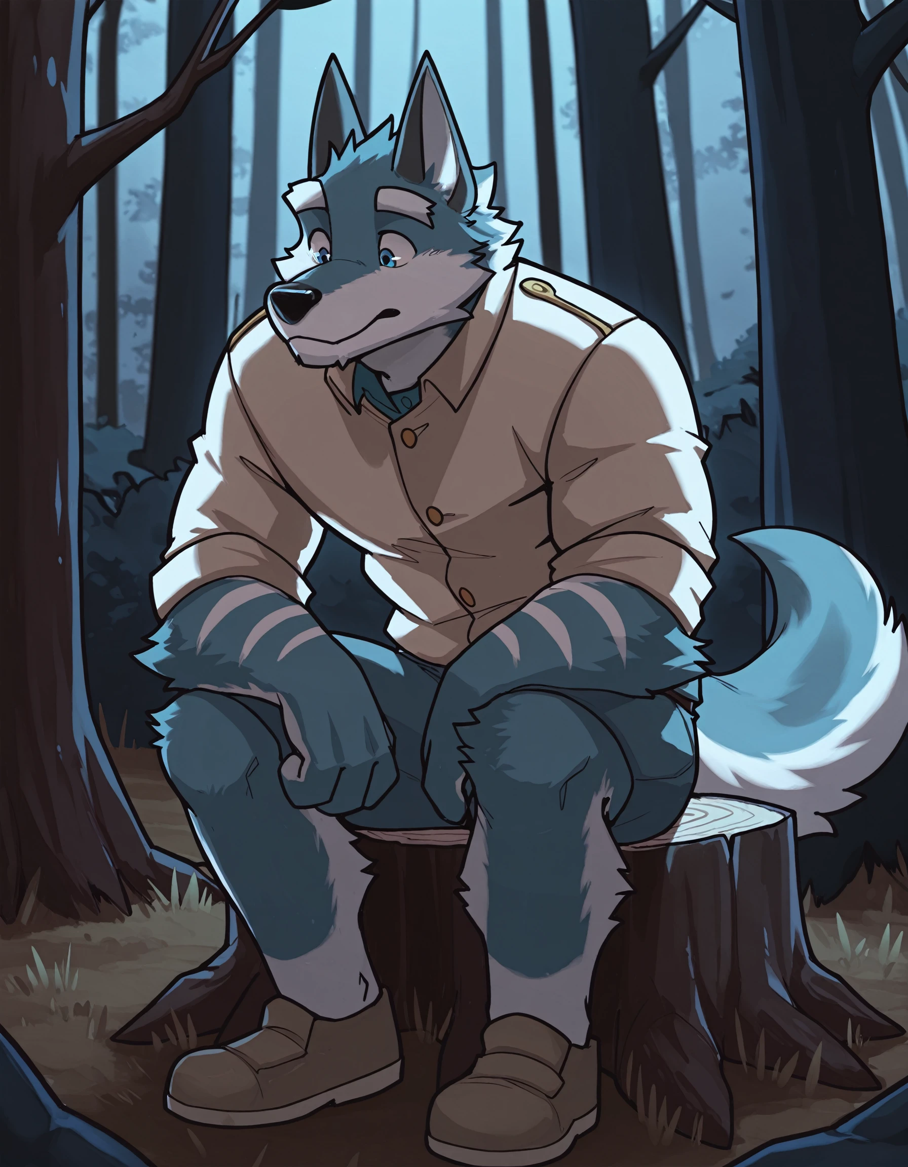 1boy, by gr3yyy. A drawing of an anthro wolf sitting on a tree stump in a forest leaning forward with his elbows on his knees looking down at the ground. solo, ArgoIL, bara, anthro, male, two-tone body, blue and white body, blue eyes. BREAK good lighting. <lora:Greyyy_Artist_Style_Illustrious.safetensors:1.0>, <lora:ArgoIL.safetensors:1.0>,