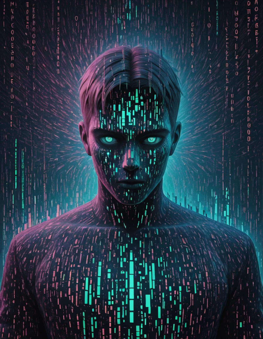 Glitchcore Art Style, detailed, mmatrix-style, silhouette, code, text focus, glitch, digital dissolve, 1boy, dynamic, dramatic, distorted, vibrant colors, glitchcore art style, concept art detailed, mmatrix-style, silhouette, code, text focus, glitch, digital dissolve, 1boy . digital artwork, illustrative, painterly, matte painting, highly detailed