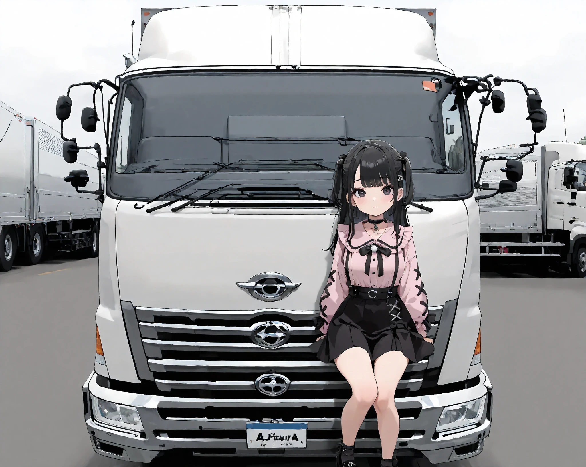 masterpiece,best quality,highly detailed,ultra-detailed,(1girl),girl is accurately sitting in the driver's seat,(A girl driving a truck:1.1),(Large truck:1.1),(black hair),(jirai kei fashion),Japanese truck,(truck bed visible),Accurate truck description,(Accurate depiction of the truck's interior:1.1),Accurate truck size,