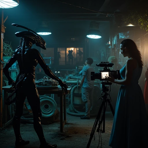 the alien queen is in front of the woman inside a Wearhouse with military machinery. the woman is behind the camera, the scene is well lit by strong led lights