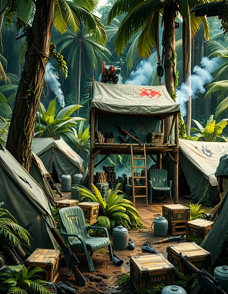 A high-resolution photograph captures a rugged mercenary camp set deep in a dense jungle at dusk. The camp is illuminated by flickering torchlight and the soft glow of portable LED lamps. Tents made of camouflage fabric are scattered around, some reinforced with sandbags. In the center, a group of battle-hardened mercenaries, clad in tactical gear and carrying assault rifles, sit around a makeshift table, studying a map with intense focus. Nearby, a few soldiers clean their weapons while others stand guard, scanning the perimeter. A military jeep, covered in mud, is parked beside a stack of crates marked with ammunition symbols. Smoke rises from a small firepit where a kettle boils, adding to the gritty yet atmospheric realism of the scene. The air is thick with tension and the sounds of distant wildlife. The image is ultra-detailed, with cinematic lighting and a dramatic, high-contrast color palette, emphasizing the dangerous and clandestine nature of the camp.<lora:SDXLFaeTastic2400:0.4> <lora:extremely_detailed:0.4> extremely detailed, <lora:mercenary_c4mp:1>,mercenary c4mp, Masterpiece,best quality,hi res,8k,hi res,8k,award winning,(sharp focus, intricate, highly detailed),