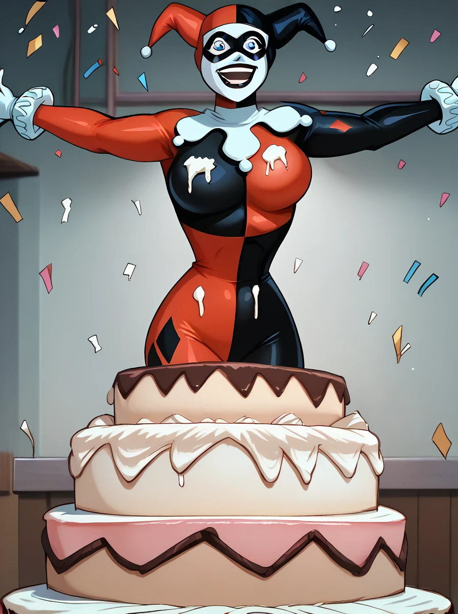 <lora:Harley_Quinn_-_Batman_Animated_Pony_v2:0.9>, h4rl3yqu1nn, <lora:PONYXL_LewisArt_ownwaifu:0.7>, jester cap, jester bodysuit, upper body, <lora:Jumping_out_of_Cake:0.9>, birthday cake, (jumping out of cake:1.2), icing, frosting, arms out, confetti, smile, open mouth, delighted, 1girl, interior, 1girl, white facepaint, domino mask, blue eyes, black lipstick, large breasts, white gloves, score_9, score_8_up, score_7_up, score_6_up, score_5_up, score_4_up,