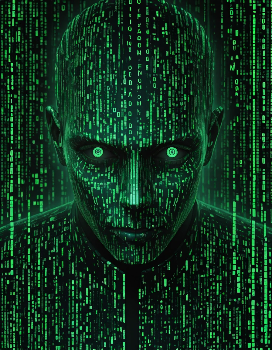 detailed, mmatrix-style, silhouette, code, text focus, glitch, digital dissolve, 1boy