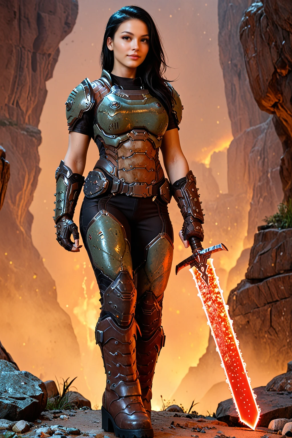 score_9, score_8_up, score_7_up, masterpiece, high quality, extreme detail, absurdres, (detailed skin texture) BREAK, 3d
<lora:Dc HuntressPonyLoRA:1>dmgirl, long hair, black hair, side cut, power armor, pauldrons, breastplate, gauntlets, belt, boots, single arm guard, holding glowing sword