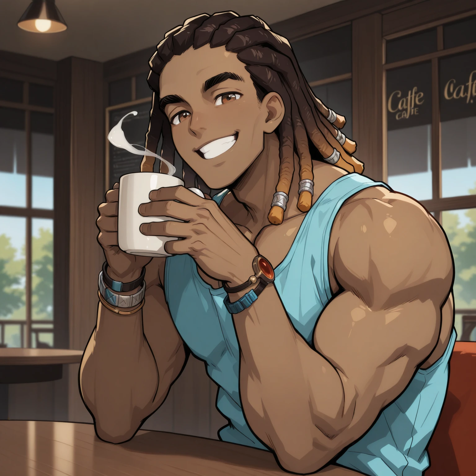 masterpiece, best quality, amazing quality, very aesthetic, absurdres, newest, (male:1.2), bara man, dark skinned male, dark skin, dreadlocks, smiling, happy, cafe, sitting, holding coffee, looking at viewer, brown eyes, upper body, solo, singlet, bracelets