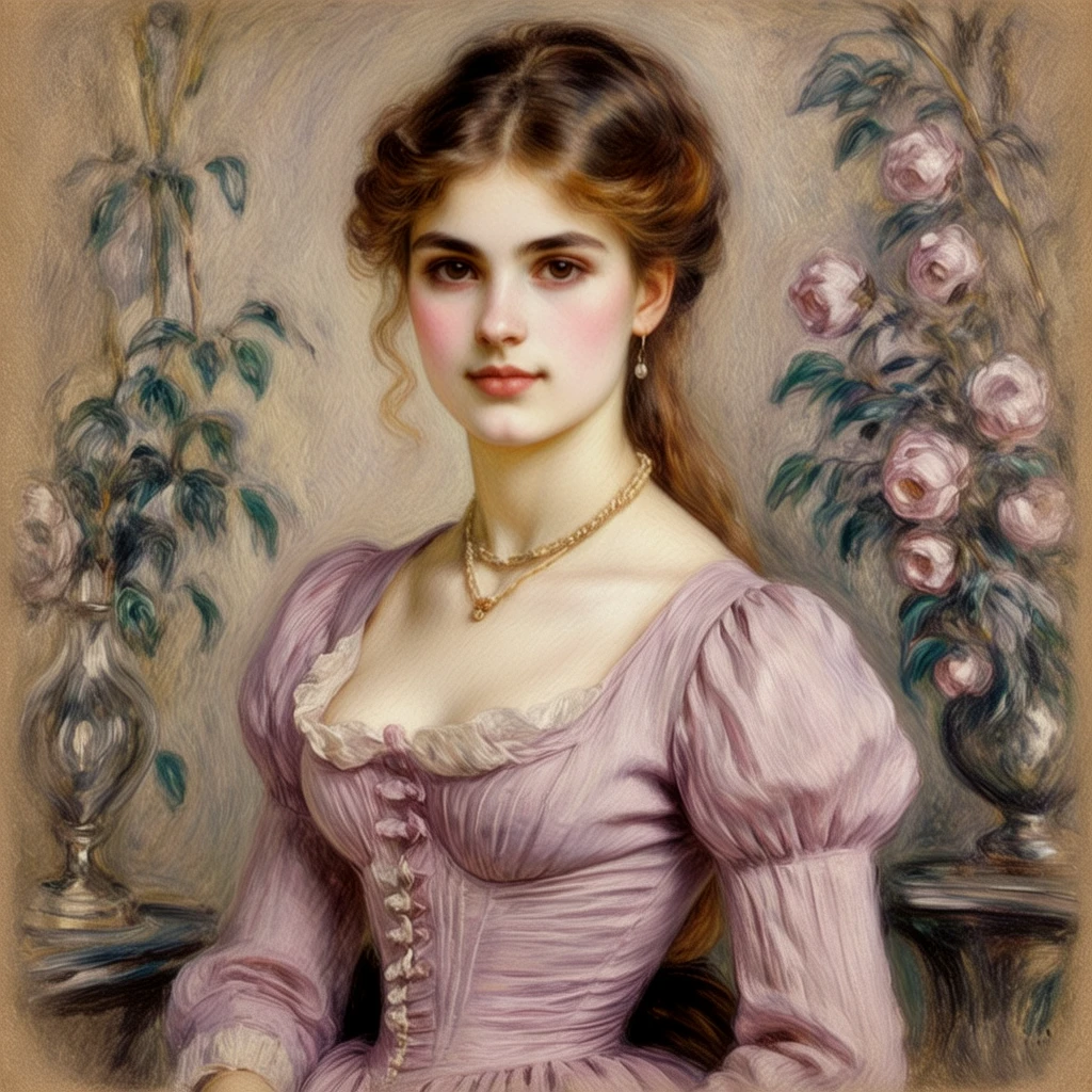 Portrait of a beautiful young French woman. Gentle curves. Alluring. Cotton blouse.
Mauve hues.
(In the style of Pierre-Auguste Renoir). 1880s style.
vntgdrwngCE_style