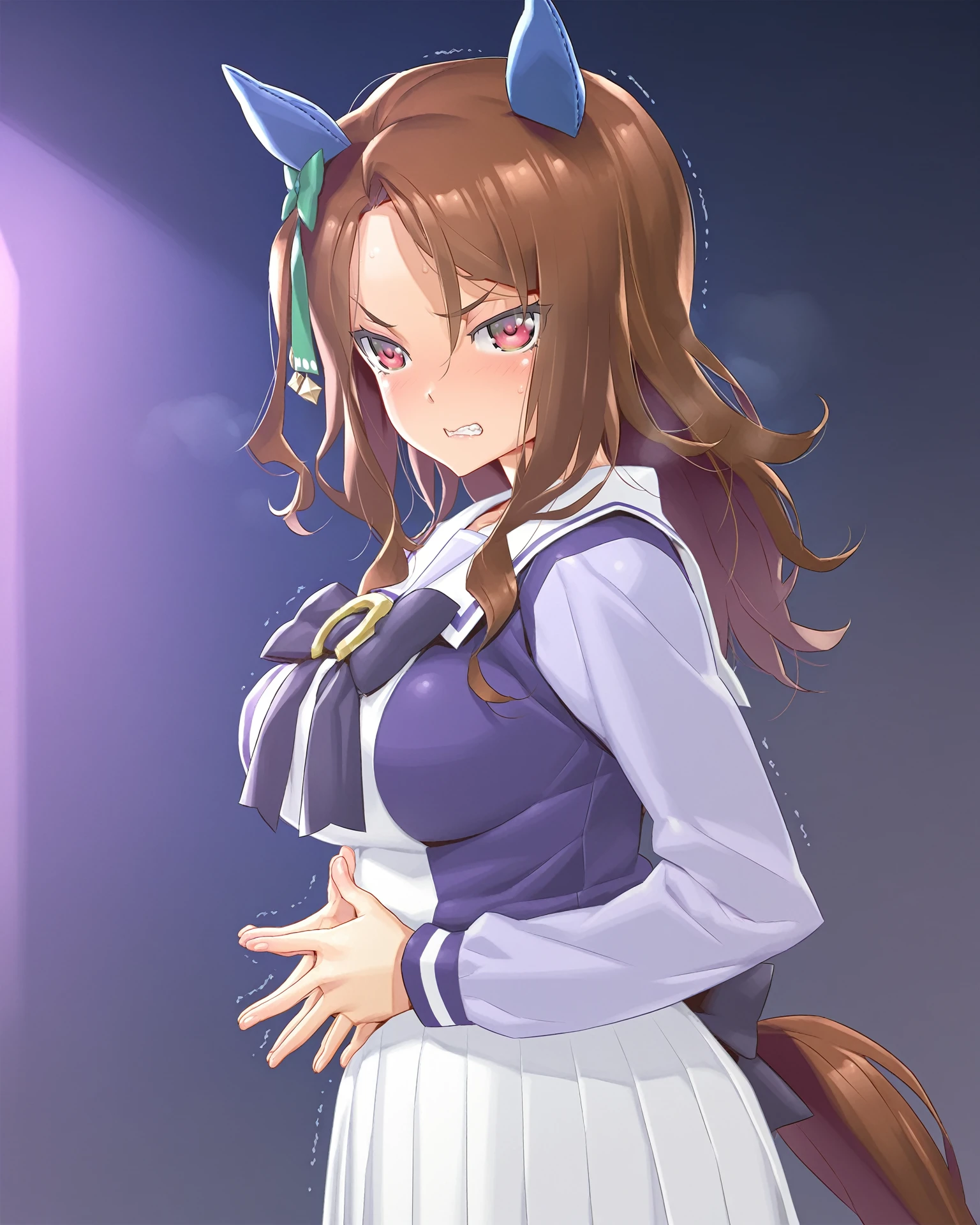 full body, UHD, masterpiece, anatomically correct, textured skin, super detail, best quality, highres, 1080P,
This anime character's name is "B",
"B" is for 1girl, solo,
Characters similar to rias gremory,
"painting style : gainax anime style, kyoto animation style, inspired by Tsubasa Nakai, anime moe artstyle, anime visual of a cute girl, seductive anime girl, beautiful alluring anime teen, smooth anime cg art, clean detailed anime art, painted in anime painter studio"
18 years old, brown hair, long hair with two sides up, long straight hair in the back,
Large green eyes, slightly rounded eye shape, 
Face contours similar to Makise Kurisu, 
White and healthy complexion, smooth skin, slender figure,
Height: 170cm,
Bust: 80cm,
Waist: 60cm,
Hips: 90cm,
Clothes: dark blue blazer, dark blue pleated skirt, yellow ribbon on the chest,
smile, happy expression,
I pull up my skirt with both hands,
A friendly and gentle atmosphere,
It's like the anime Ikki Tousen