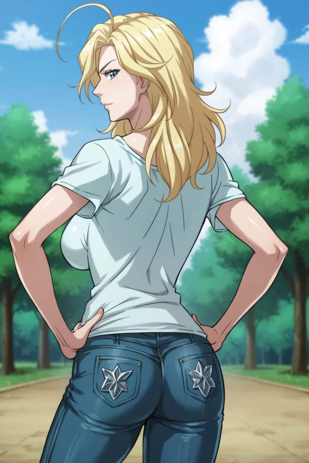 PonyXLV6_Scores BREAK ((parody), perfect anatomy, perfect eyes, cowboy shot), <lora:add_details_xl:0.8> BREAK <lora:Captain_Marvel_-_Marvel_Animation:0.8> carol danvers, long hair, blonde hair, ahoge, blue eyes, flirting, raised eyebrow, ((looking back at viewer)), collarbone, t-shirt, short sleeves, jeans, large breasts, curvy, toned, athletic, sexually suggestive pose, hands on hip, outdoors