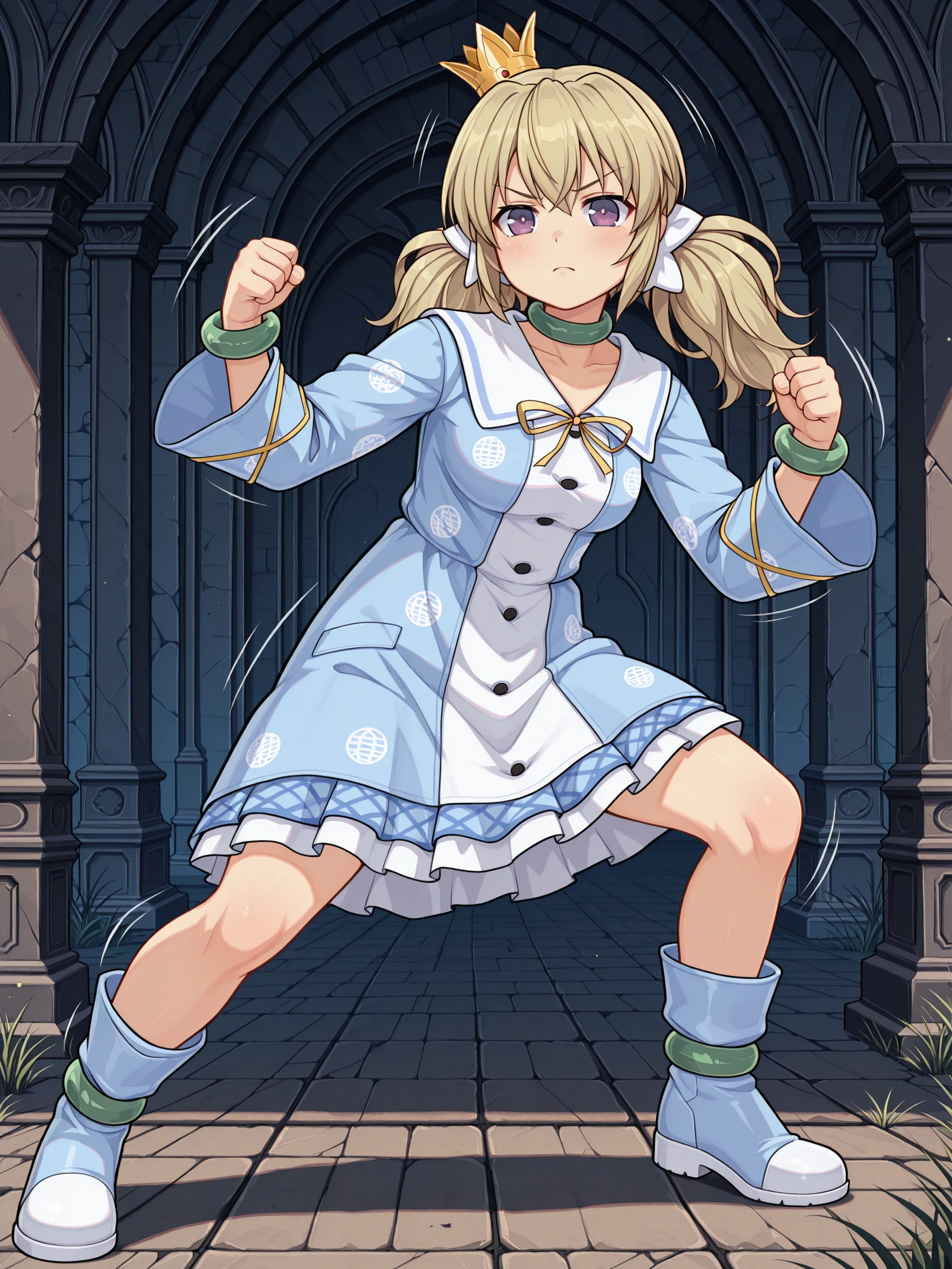 masterpiece, best quality, amazing quality, anime screenshot, high contrast, frostbite
(solo:1.4), Kafuru_IL, purple eyes, blonde hair, twintails, mini crown, Kafuru_Shinobi, white bows, green choker, blue dress, print dress, long sleeves, gold lacing, gold ribbon, blue and white boots, green leg bangles
fighting pose, motion lines, speed lines
<lora:SK_Kafuru_IL:1>
<lora:frostbitev2_Illu_dwnsty:0.7>