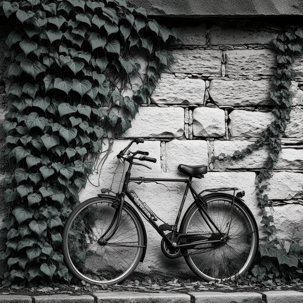 A monochrome picture of a bicycle leaning against an ivy-covered stone wall. Green leaves.
vntgdrwngCE_style