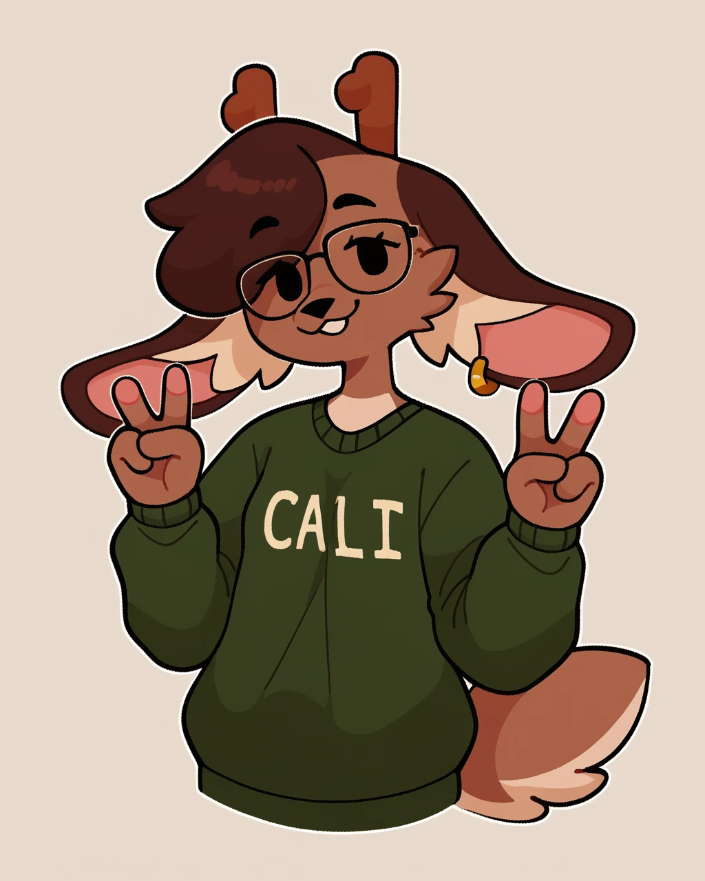 score_9_up, score_8_up, score_7_up, score_6_up, half-length portrait, small breasts, furry, female, furry female, brown hair, dot eyes, jackalope, antlers, green topwear, green sweater, short hair, female, tail, v sign, glasses, spats, looking at viewer, solo, earring, neutral expression, socks, three-quarter view, head tilt, simple background, white outline, <lora:Leah_Pines(AIM)_XL_v1:0.15> <lora:PDXL_artist_tags_v2_big:0.5> <lora:The-Minuscule-Task_PDXL_v1.0:0.6> <lora:Bun_bunhearts:0.6>