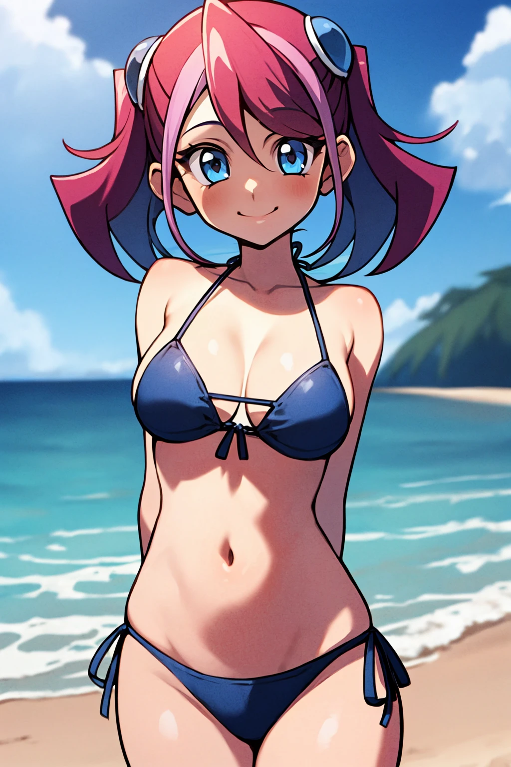 Starfire, red hair, long hair, green eye, standing, leaning forward, one piece string bikini, smiling, blushing face, ((big breasts)), ((pussy juice: 1.2)), looking from below, embarrassed expression , drooling , anatomically correct, beach background