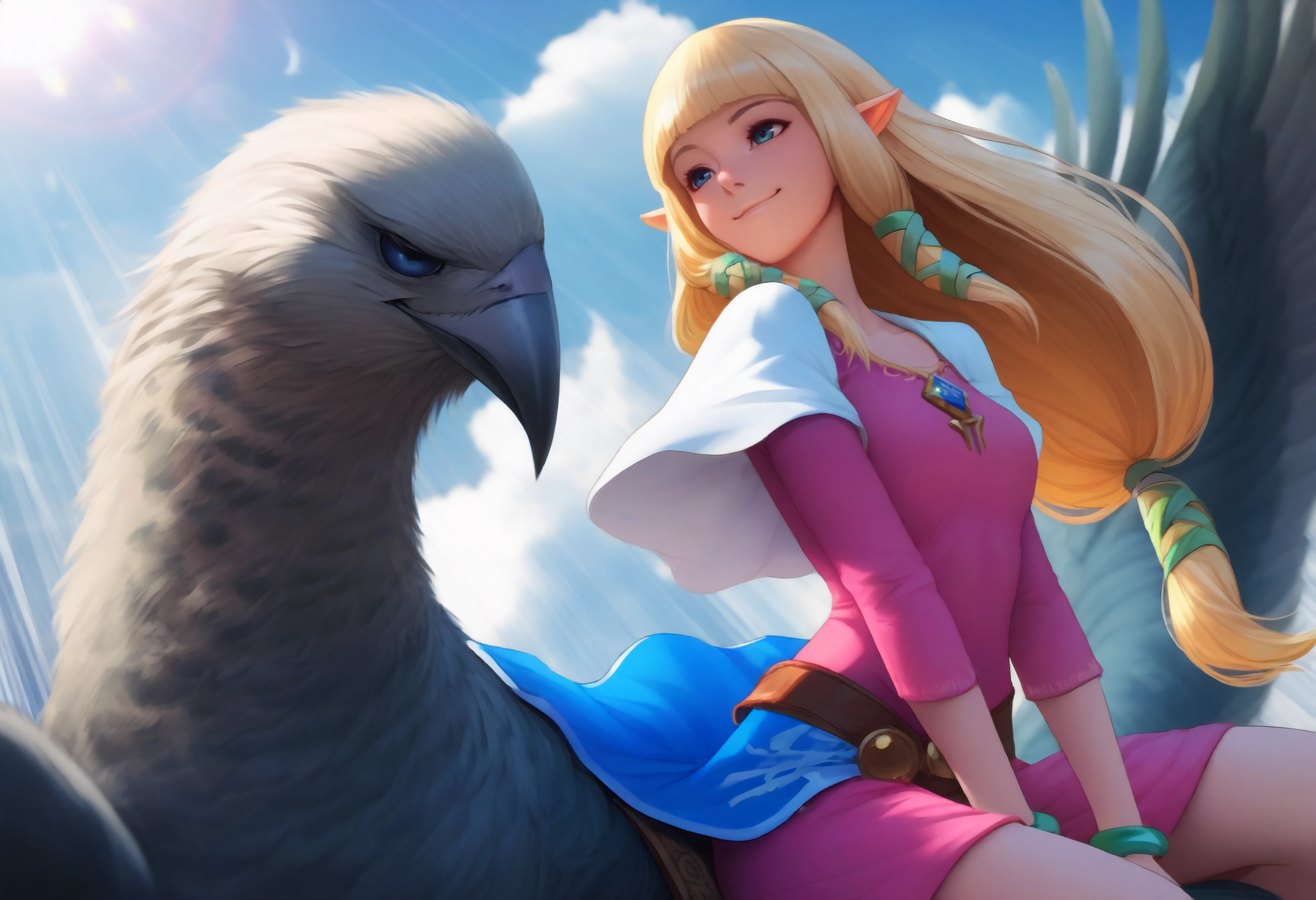 masterpiece, best quality, absurdres, lens flare,sky,clouds,foreshortening,wind,speed lines,floating hair,sitting,riding huge bird,feathers,wings,1girl, zeldssn11, blonde hair, hair tubes, hair ribbon, low-tied long hair, blunt bangs, blue eyes, pointy ears, brown belt, pink dress, green bracelets, white capelet, blue waist cape, medallions,smile,from side <lora:zeldss_n11:0.8> <lora:slau_n11:0.8>