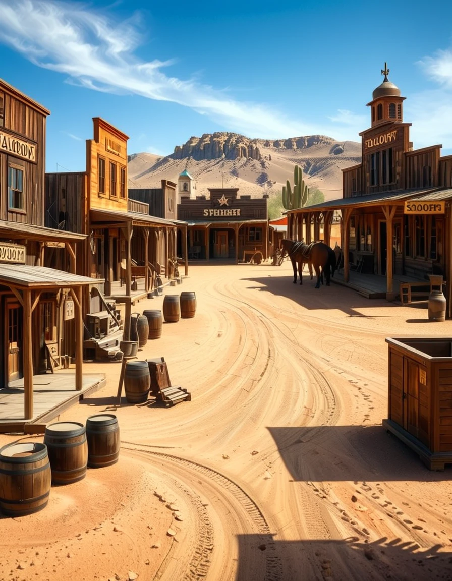 A classic Wild West town in the late 1800s, surrounded by arid desert and towering rock formations. The dusty main street is lined with wooden buildings, including a saloon with swinging doors, a sheriffâs office with a star emblem, a general store with a wooden sign, and a blacksmithâs shop with tools hanging outside. Old-fashioned wooden wagons are parked along the street, and a few horses are tied to hitching posts. The atmosphere is lively, with cowboys wearing wide-brimmed hats, boots, and leather dusters walking around, some talking near the saloon while others ride horses. The sky is bright blue with a few wispy clouds, and the sunlight casts long shadows on the ground. In the background, a water tower stands tall, and a windmill slowly turns in the breeze. The scene is full of rustic details, evoking the adventurous spirit of the American frontier.<lora:SDXLFaeTastic2400:0.4> <lora:extremely_detailed:0.4> extremely detailed, <lora:Western_v1ll4g3:1>,Western v1ll4g3, Masterpiece,best quality,hi res,8k,hi res,8k,award winning,(sharp focus, intricate, highly detailed),