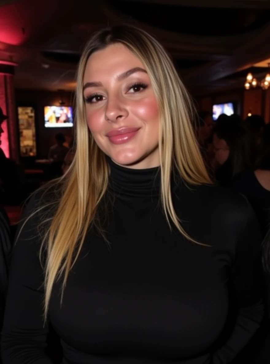 Portrait photo of chl03t41l0r woman, black turtleneck blouse, in a night club, makeup, smile

