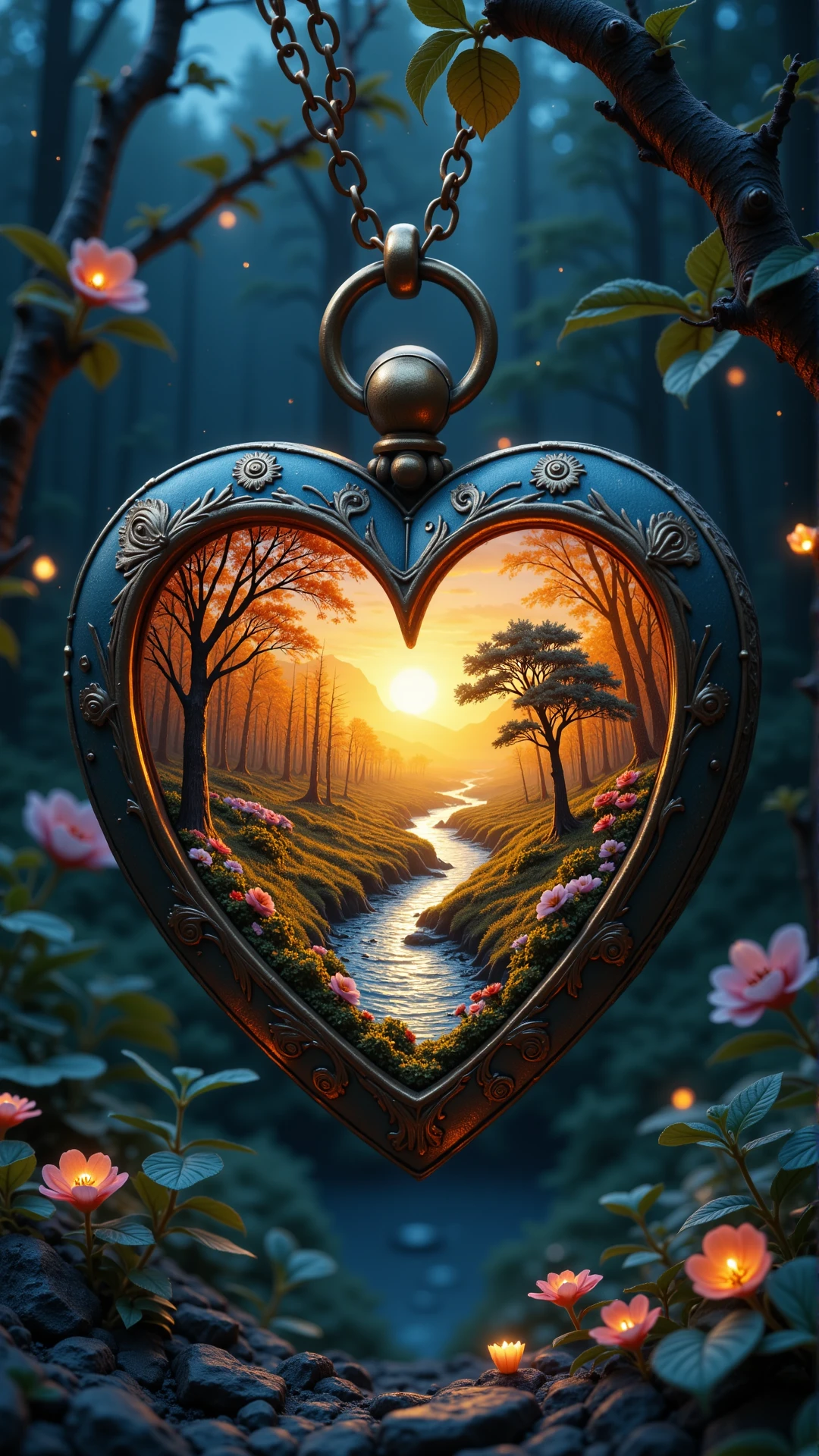 Inside a rusted, heart-shaped locket lies an entire world suspended in perpetual twilight. The world is a sprawling garden where glowing flowers bloom in sync with the heartbeat of the locket's wearer. Rivers of liquid starlight wind through the landscape, feeding crystalline trees with leaves that hum soft melodies. Tiny winged creatures, resembling a mix of dragonflies and lanterns, flit between the flowers, whispering secrets of forgotten loves. At the gardenâs center stands a colossal, living sundial that predicts the wearerâs future, <lora:ILPonyMixv2:1>,