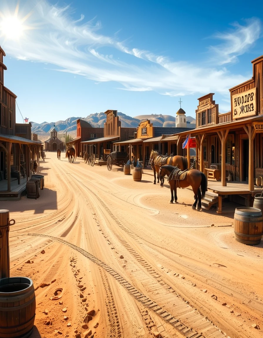 A classic Wild West town in the late 1800s, surrounded by arid desert and towering rock formations. The dusty main street is lined with wooden buildings, including a saloon with swinging doors, a sheriffâs office with a star emblem, a general store with a wooden sign, and a blacksmithâs shop with tools hanging outside. Old-fashioned wooden wagons are parked along the street, and a few horses are tied to hitching posts. The atmosphere is lively, with cowboys wearing wide-brimmed hats, boots, and leather dusters walking around, some talking near the saloon while others ride horses. The sky is bright blue with a few wispy clouds, and the sunlight casts long shadows on the ground. In the background, a water tower stands tall, and a windmill slowly turns in the breeze. The scene is full of rustic details, evoking the adventurous spirit of the American frontier.<lora:SDXLFaeTastic2400:0.4> <lora:extremely_detailed:0.4> extremely detailed, <lora:Western_v1ll4g3:1>,Western v1ll4g3, Masterpiece,best quality,hi res,8k,hi res,8k,award winning,(sharp focus, intricate, highly detailed),