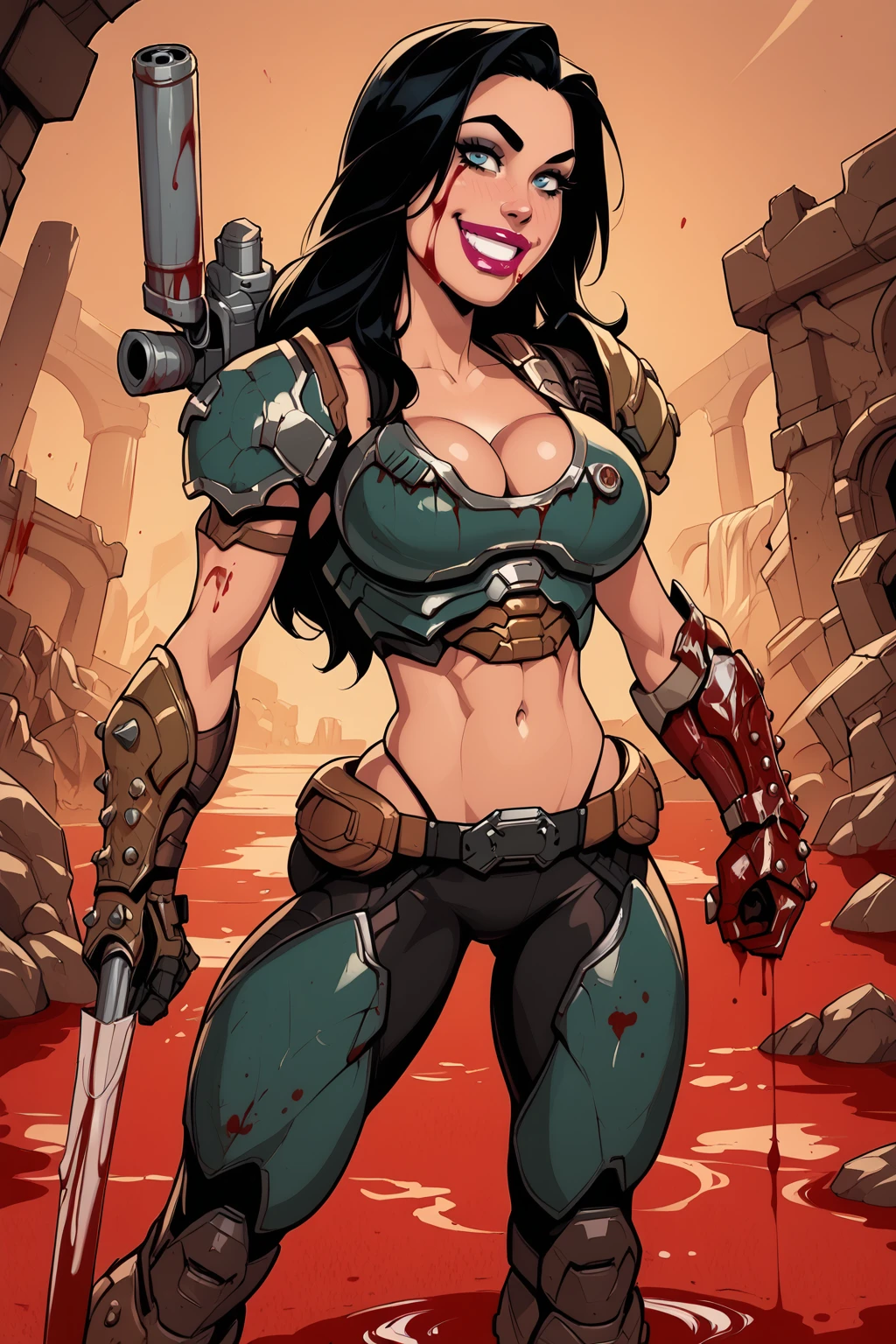 score_9, score_8_up, score_7_up, masterpiece, high quality, extreme detail, absurdres, (detailed skin texture) BREAK,
<lora:Dc HuntressPonyLoRA:1>dmgirl, long hair, black hair, side cut, power armor, pauldrons, breastplate, gauntlets, belt, single arm guard, midriff, cleavage, bikini armor, bare thights, monster, single arm blade, single shoulder cannon, ruins, blood on face:2, blood, grin
<lora:CherryMouseStreetStylePonyLyco:1> 1girl, lipstick, uncensored, makeup, nose, lips, solo