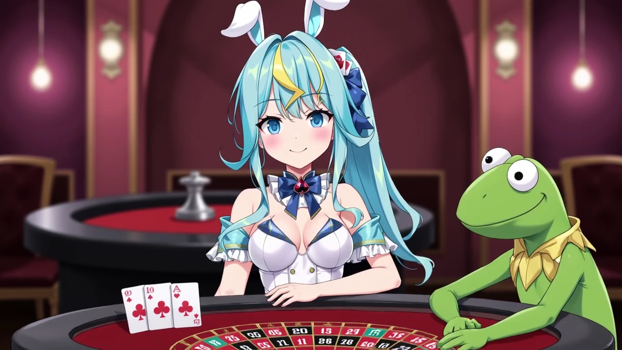 clara, blue eyes, blue hair, yellow streaks, bunny ears, portrait, blue ribbon, casino, roulette table, kermit the frog