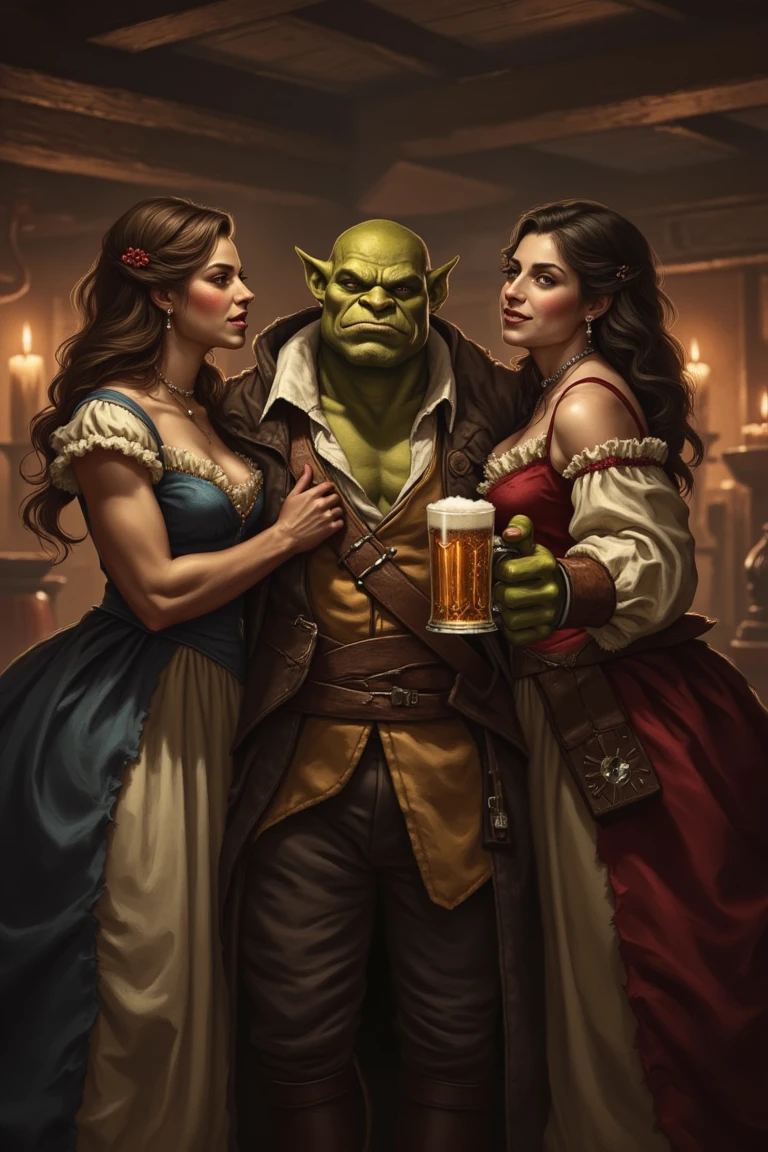 An orc as a Québec secessionist, holding a mug of beer and wearing typical 1700s attire, stands in a tavern with two beautiful girls at his side, holding him. The shot is framed to capture the warm, rustic atmosphere of the tavern, with wooden beams and flickering candlelight. The orc’s muscular build and confident expression are highlighted, while the girls’ playful and admiring gazes add a touch of charm. The composition emphasizes the historical setting, with period-appropriate decor and costumes, creating a vivid scene of camaraderie and character.