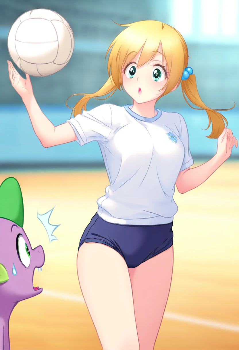 <lora:kohinataIL:0.9>1girl,k0hinata,twintails,green eyes,blonde hair,hair bobbles,gym uniform,blue buruma,volleyball,looking at another,surprised,1other,spike \(my little pony\),gym, masterpiece, best quality, amazing quality, very aesthetic, absurdres, sensitive, newest <lora:spo_sdxl_10ep_4k-data_lora_webui:0.7>,