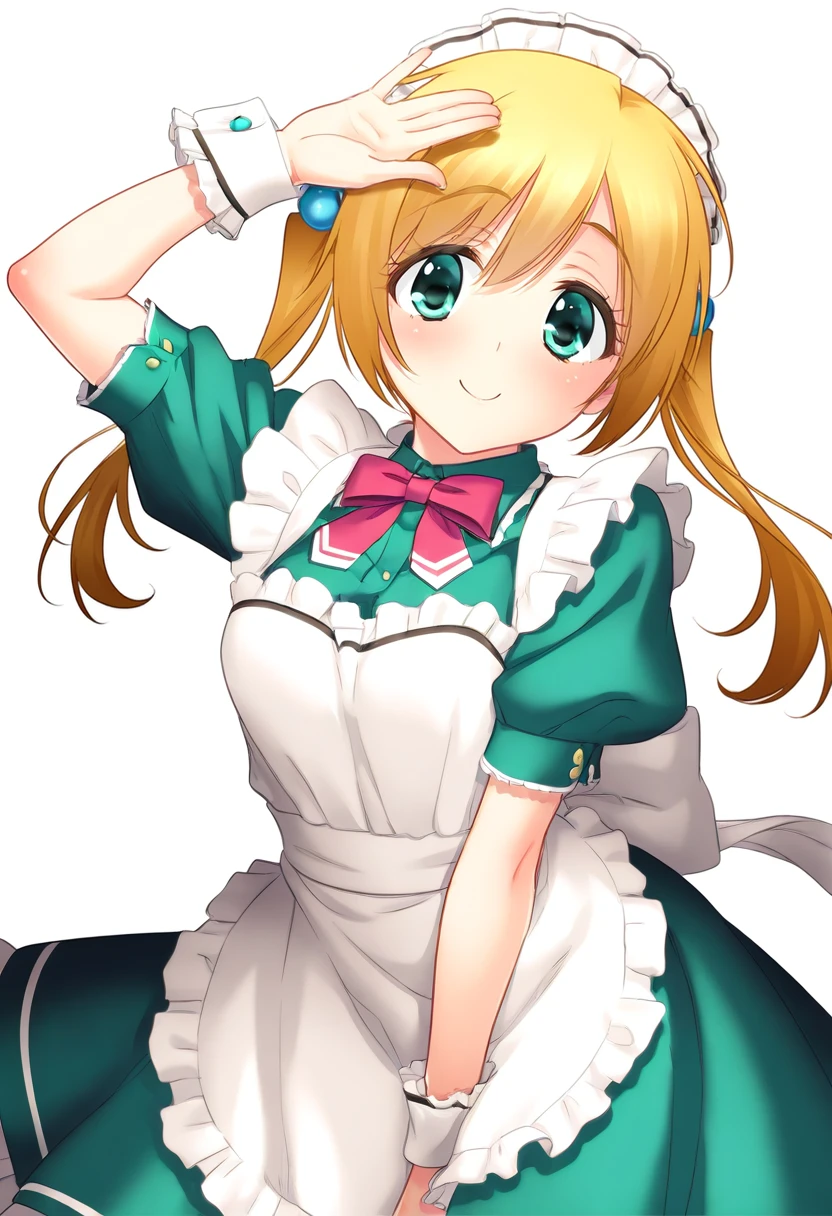 <lora:kohinataIL:0.8>k0hinata,solo,twintails,green eyes,blonde hair,hair bobbles,maid,green dress,red bowtie,frills,apron,maid headdress,wrist cuffs,blush,smile, cute pose very awa, masterpiece, best quality, amazing quality, very aesthetic, absurdres, sensitive, newest <lora:spo_sdxl_10ep_4k-data_lora_webui:0.7>,
